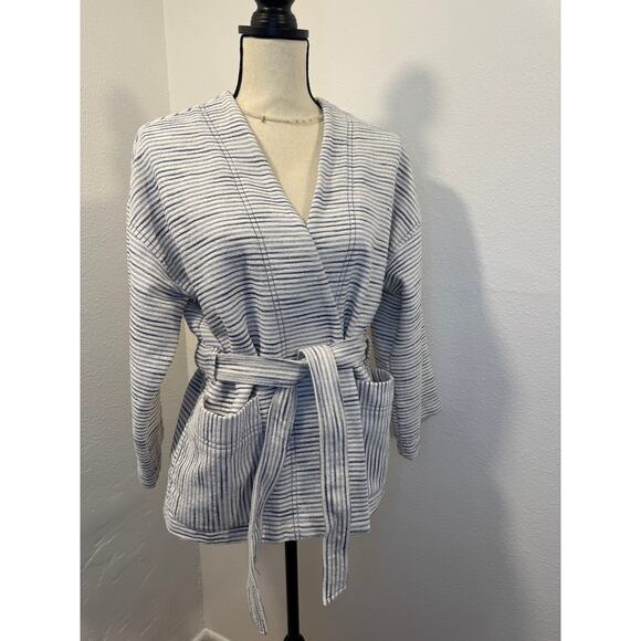 Madewell Texture & Thread White Navy Stripe Kimono Wrap Tie Waist Jacket M - Picture 2 of 8